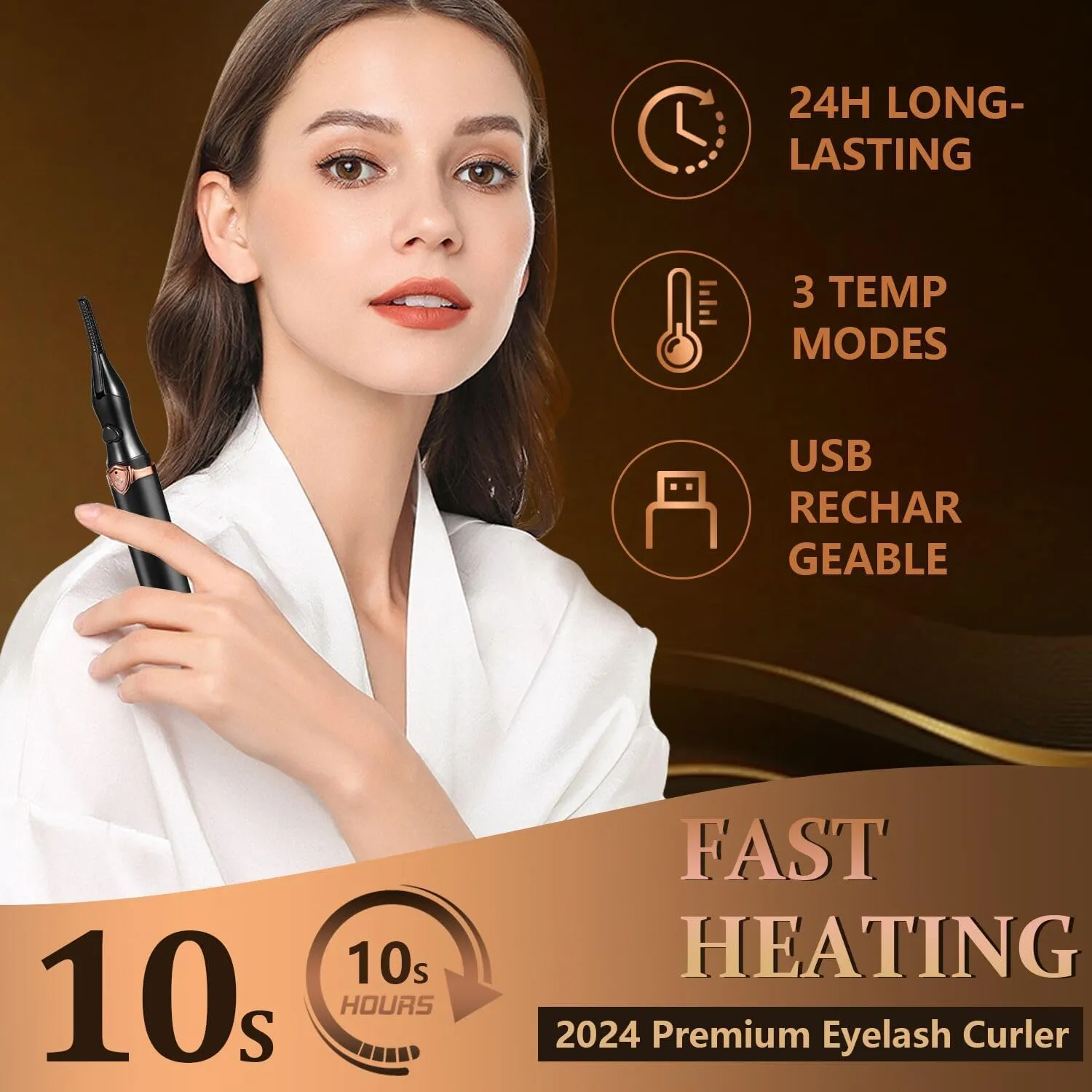 Heated Eyelash Curler - Fast Heat up in 8s - 3 Heat Modes with USB Rechargeable - Electric Eyelash Curler - Natural Curling 24 Hours Long Lasting, Anti-Burn Eyelid, Brown Black CA
