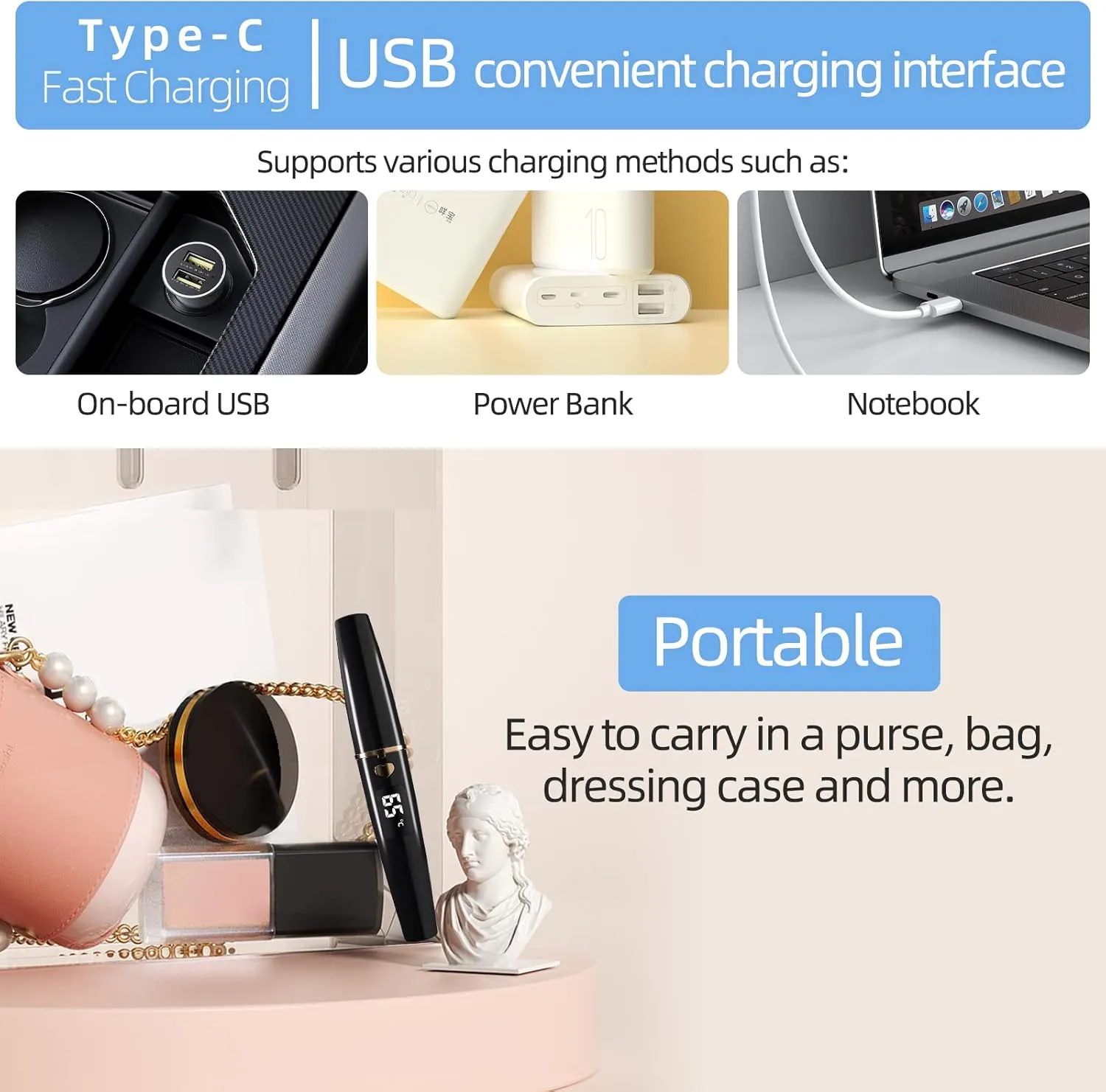 Heated Eyelash Curler, Heated Lash Curler, Portable USB C Rechargeable Eyelash Curler 24H Long Lasting Intelligent Power Off Electric Eyelash Curler with Eyelash Comb for Makeup - Black