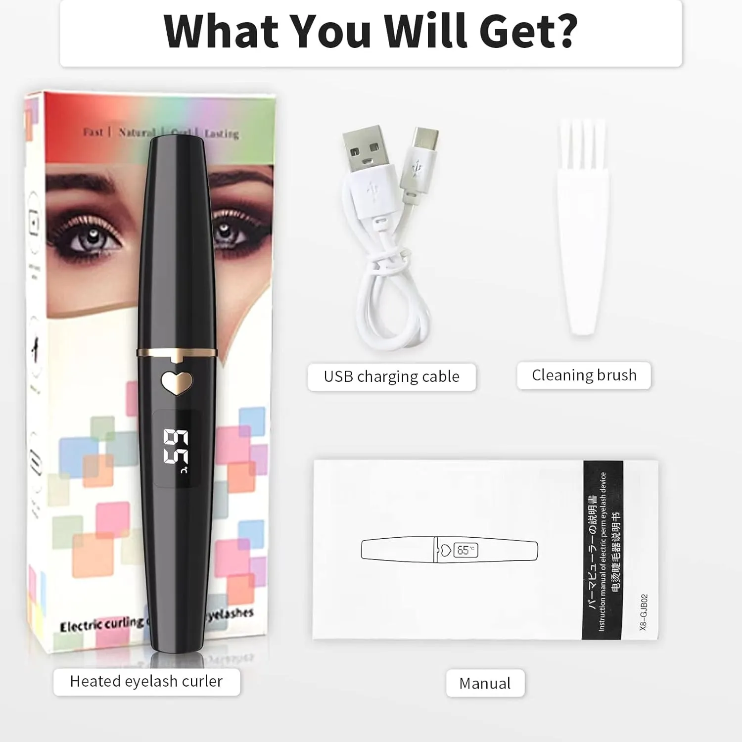 Heated Eyelash Curler, Heated Lash Curler, Portable USB C Rechargeable Eyelash Curler 24H Long Lasting Intelligent Power Off Electric Eyelash Curler with Eyelash Comb for Makeup - Black