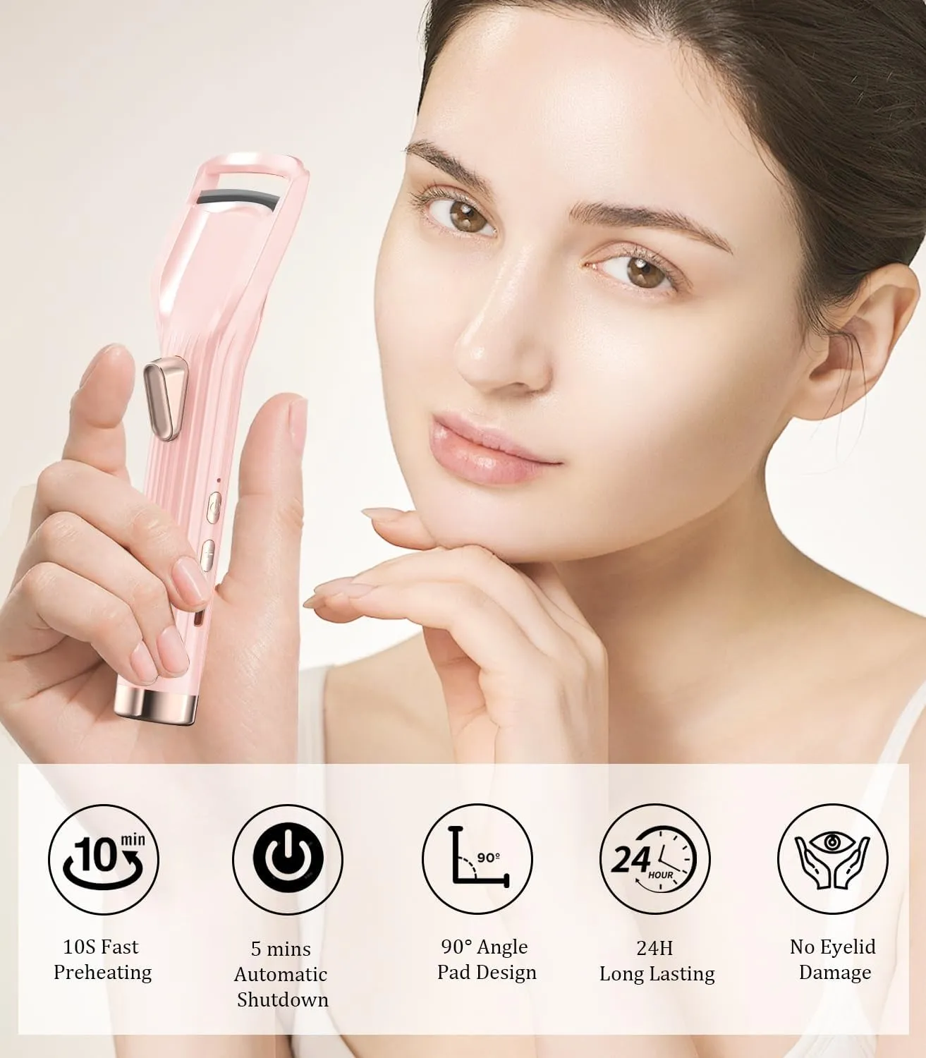 Heated Eyelash Curler Premium PRO - Fast Heat up in 8s - 24 Hours Long Lasting - Rechargeable Electric Eyelash Curler with Type-C, Innovative L Silicone, 2 Heat Modes, Anti-Burn Eyelid, Pink 01