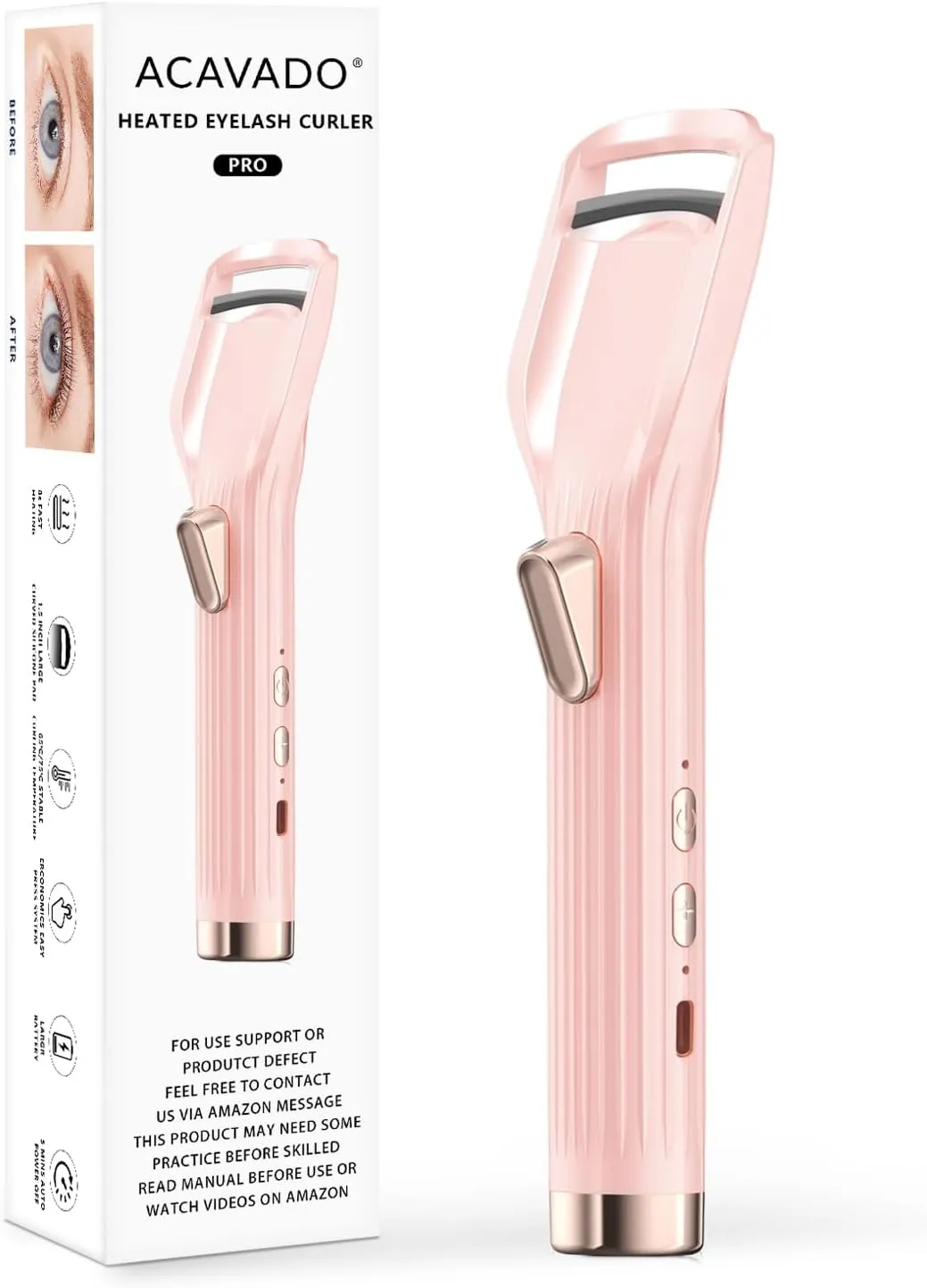 Heated Eyelash Curler Premium PRO - Fast Heat up in 8s - 24 Hours Long Lasting - Rechargeable Electric Eyelash Curler with Type-C, Innovative L Silicone, 2 Heat Modes, Anti-Burn Eyelid, Pink-CA