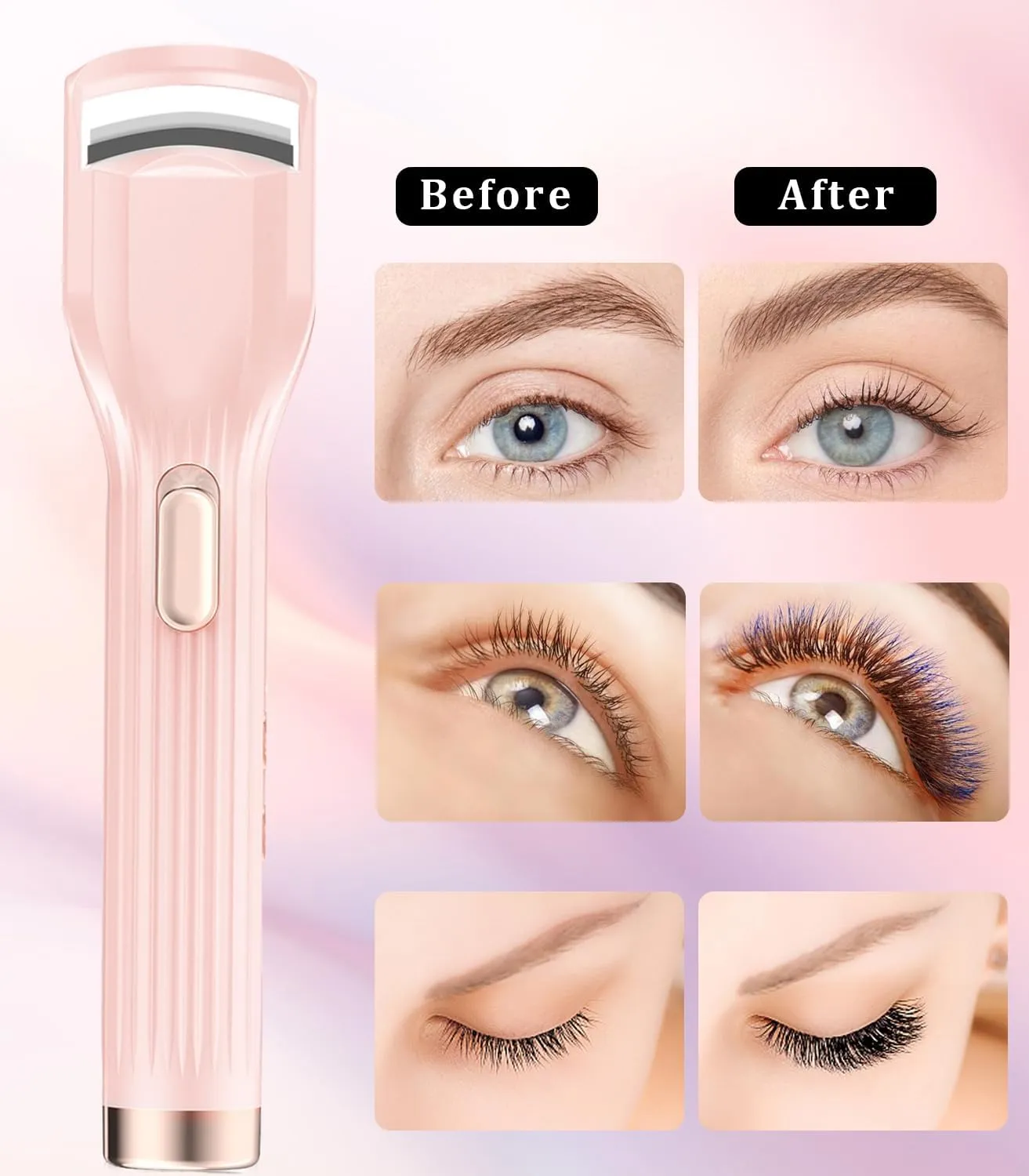 Heated Eyelash Curler Premium PRO - Fast Heat up in 8s - 24 Hours Long Lasting - Rechargeable Electric Eyelash Curler with Type-C, Innovative L Silicone, 2 Heat Modes, Anti-Burn Eyelid, Pink-CA
