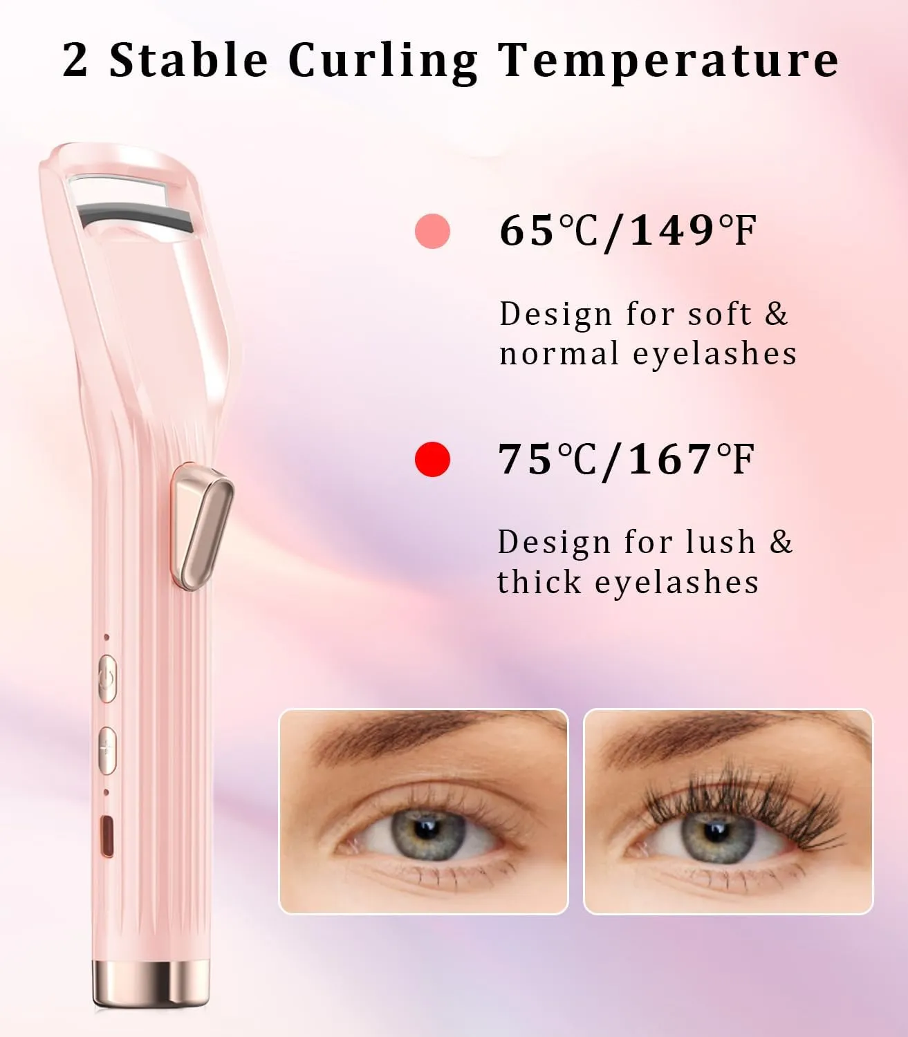 Heated Eyelash Curler Premium PRO - Fast Heat up in 8s - 24 Hours Long Lasting - Rechargeable Electric Eyelash Curler with Type-C, Innovative L Silicone, 2 Heat Modes, Anti-Burn Eyelid, Pink-CA