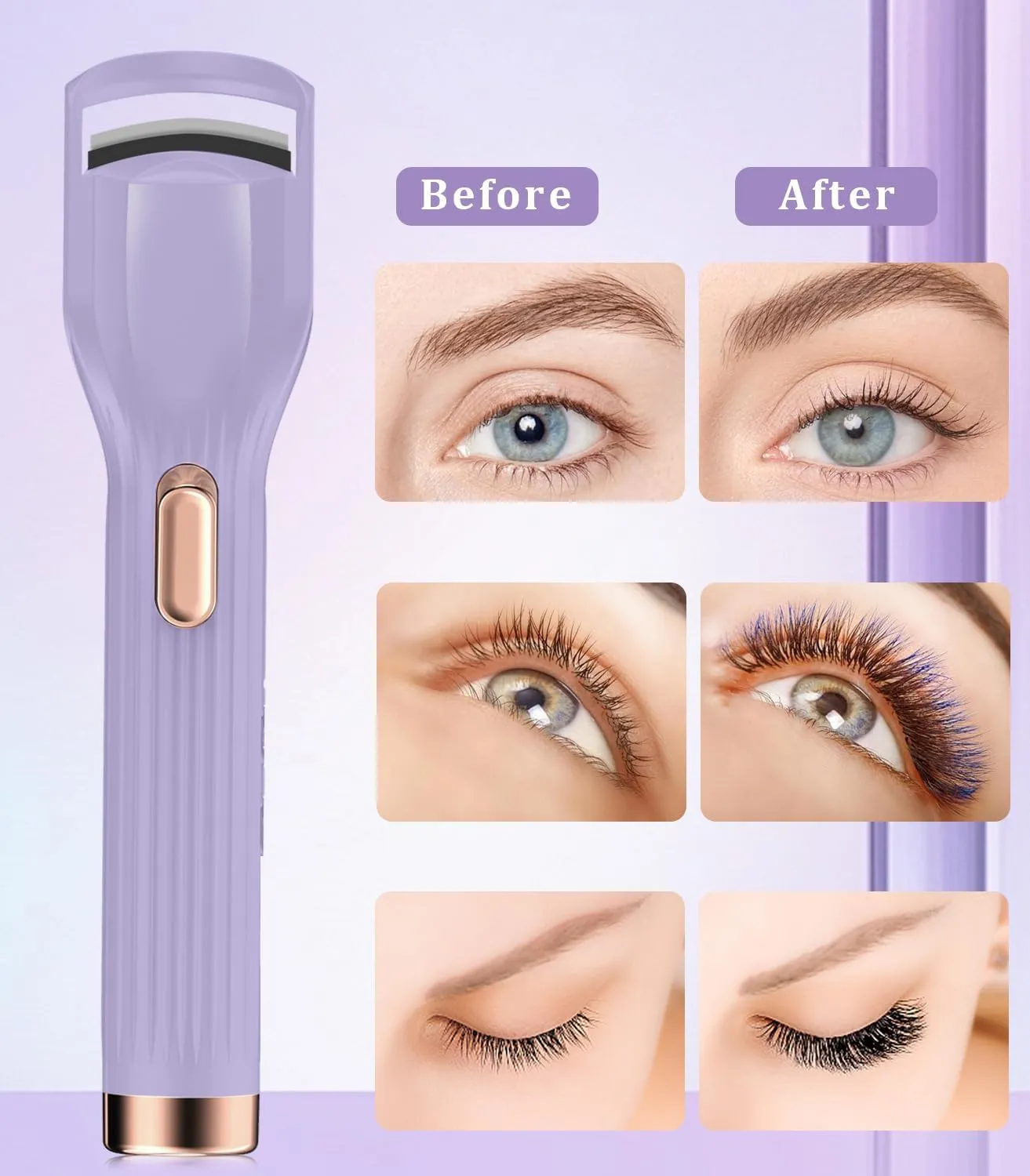 Heated Eyelash Curler Premium PRO - Fast Heat up in 8s - 24 Hours Long Lasting - Rechargeable Electric Eyelash Curler with Type-C, Innovative L Silicone, 2 Heat Modes, Anti-Burn Eyelid, Purple-BA