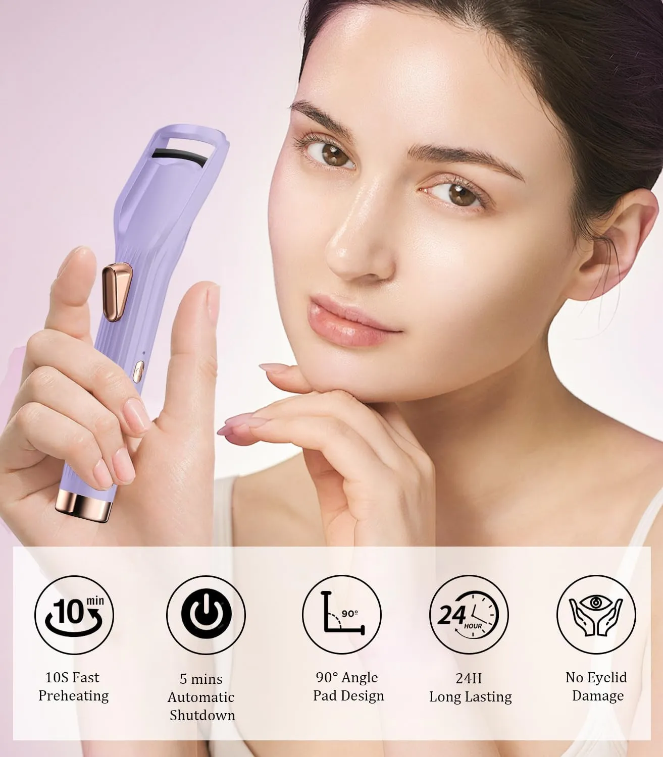 Heated Eyelash Curler Premium PRO - Fast Heat up in 8s - 24 Hours Long Lasting - Rechargeable Electric Eyelash Curler with Type-C, Innovative L Silicone, 2 Heat Modes, Anti-Burn Eyelid, Purple-BA