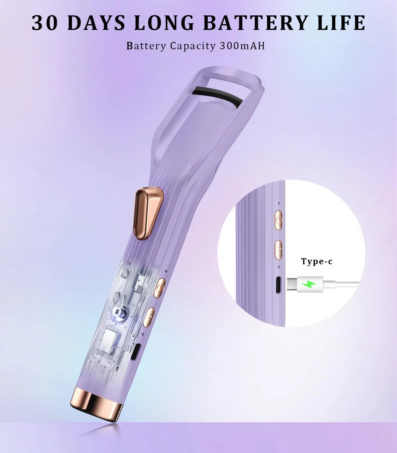 Heated Eyelash Curler Premium PRO - Fast Heat up in 8s - 24 Hours Long Lasting - Rechargeable Electric Eyelash Curler with Type-C, Innovative L Silicone, 2 Heat Modes, Anti-Burn Eyelid, Purple-BA