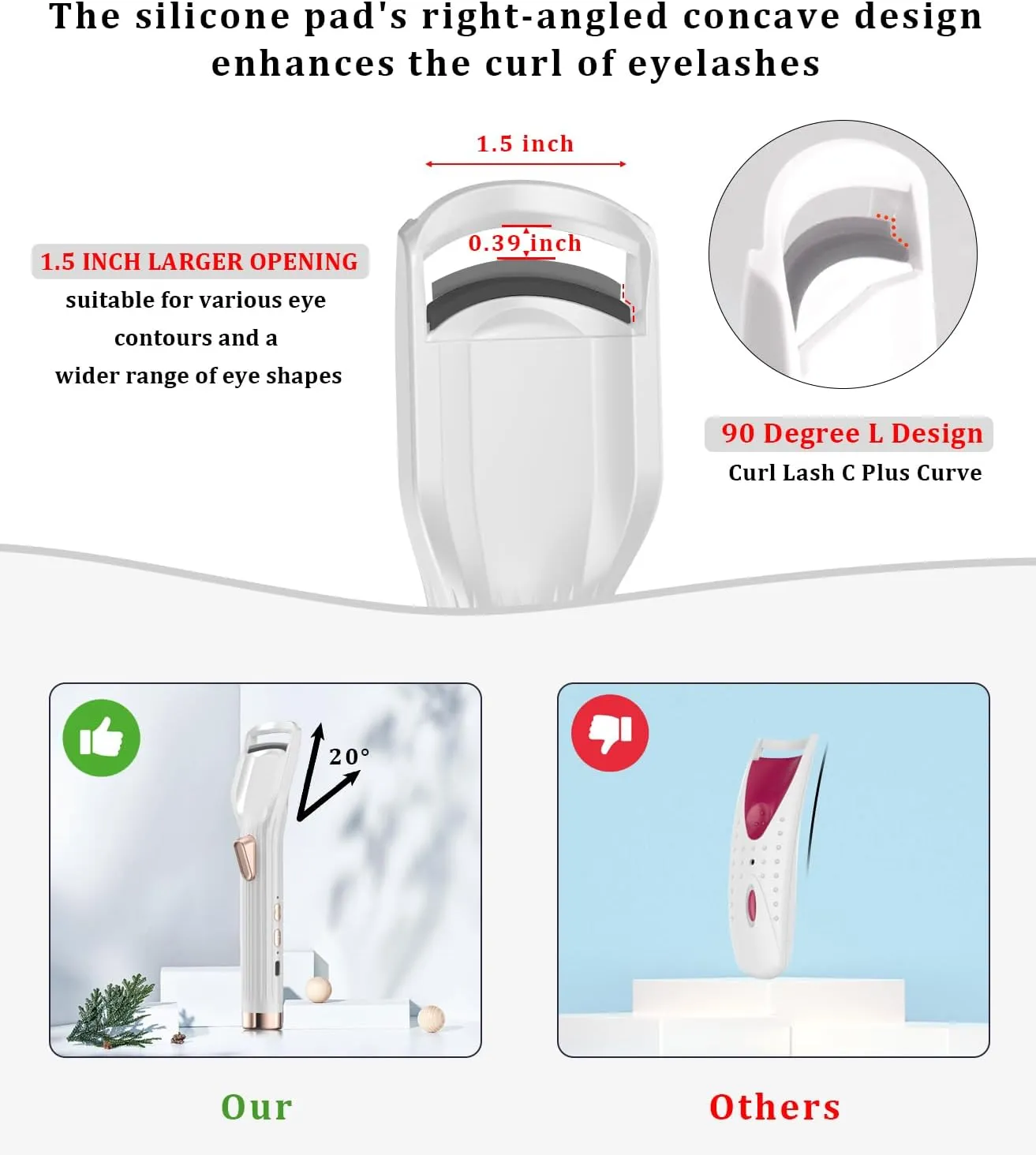 Heated Eyelash Curler Premium PRO - Fast Heat up in 8s - 24 Hours Long Lasting - Rechargeable Electric Eyelash Curler with Type-C, Innovative L Silicone, 2 Heat Modes, Anti-Burn Eyelid, White-CA