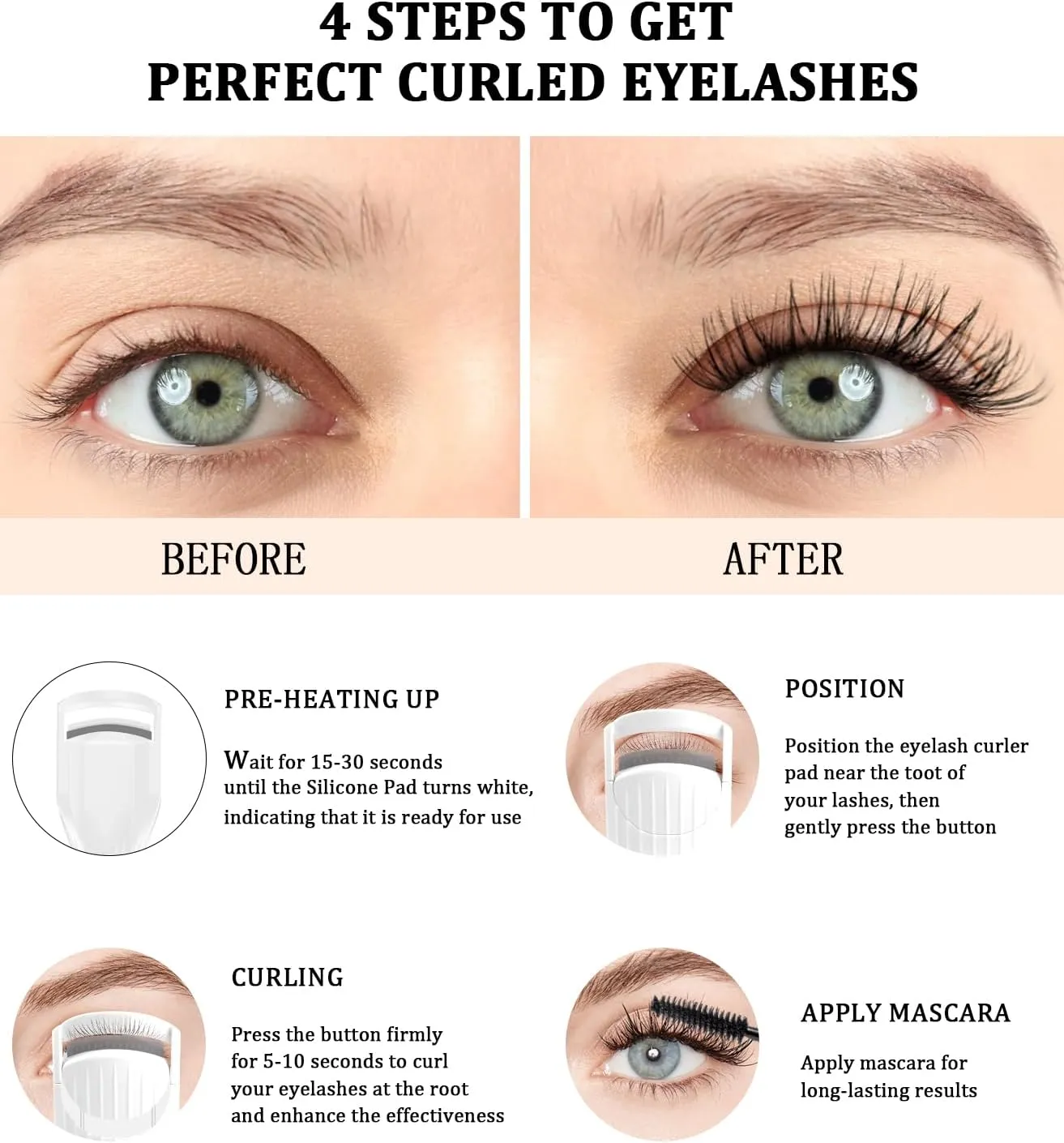 Heated Eyelash Curler Premium PRO - Fast Heat up in 8s - 24 Hours Long Lasting - Rechargeable Electric Eyelash Curler with Type-C, Innovative L Silicone, 2 Heat Modes, Anti-Burn Eyelid, White-CB