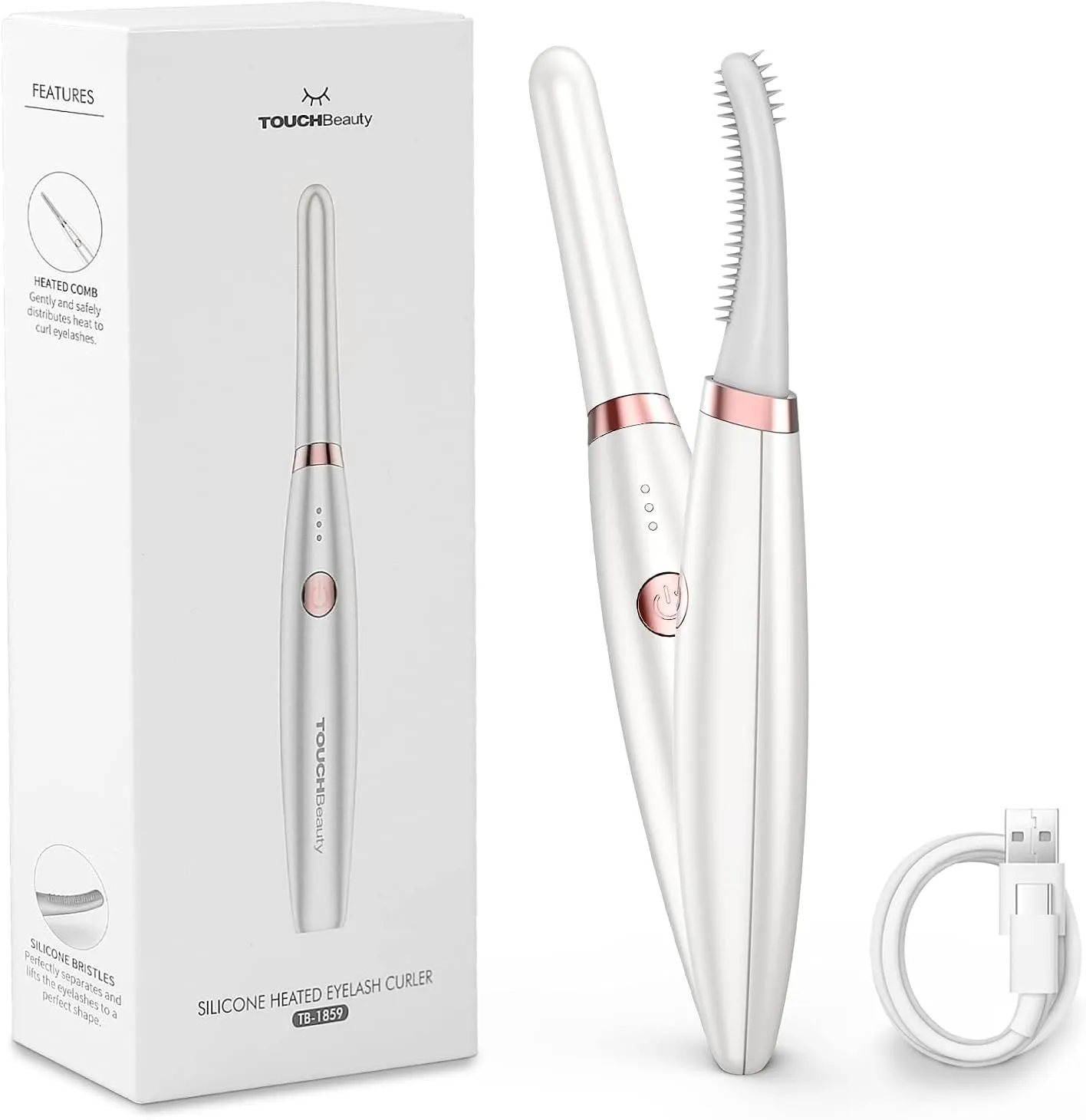 Heated Eyelash Curler, TOUCHBeauty Electric Eyelash Curler USB Rechargeable Eyelash Curler with 3 Temperature Settings Silicone Comb Lash Curler for Girls Women Quick Heating Curling1859