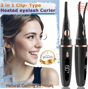 Heated Eyelash Curlers - 2 in 1 Clip- Type Heated lash Curler Best Seller Electric Eyelash Curler LED Display 3 Temp Settings for Makeup Tools USB Rechargeable Natural Curling 24H Long Lasting-B1A