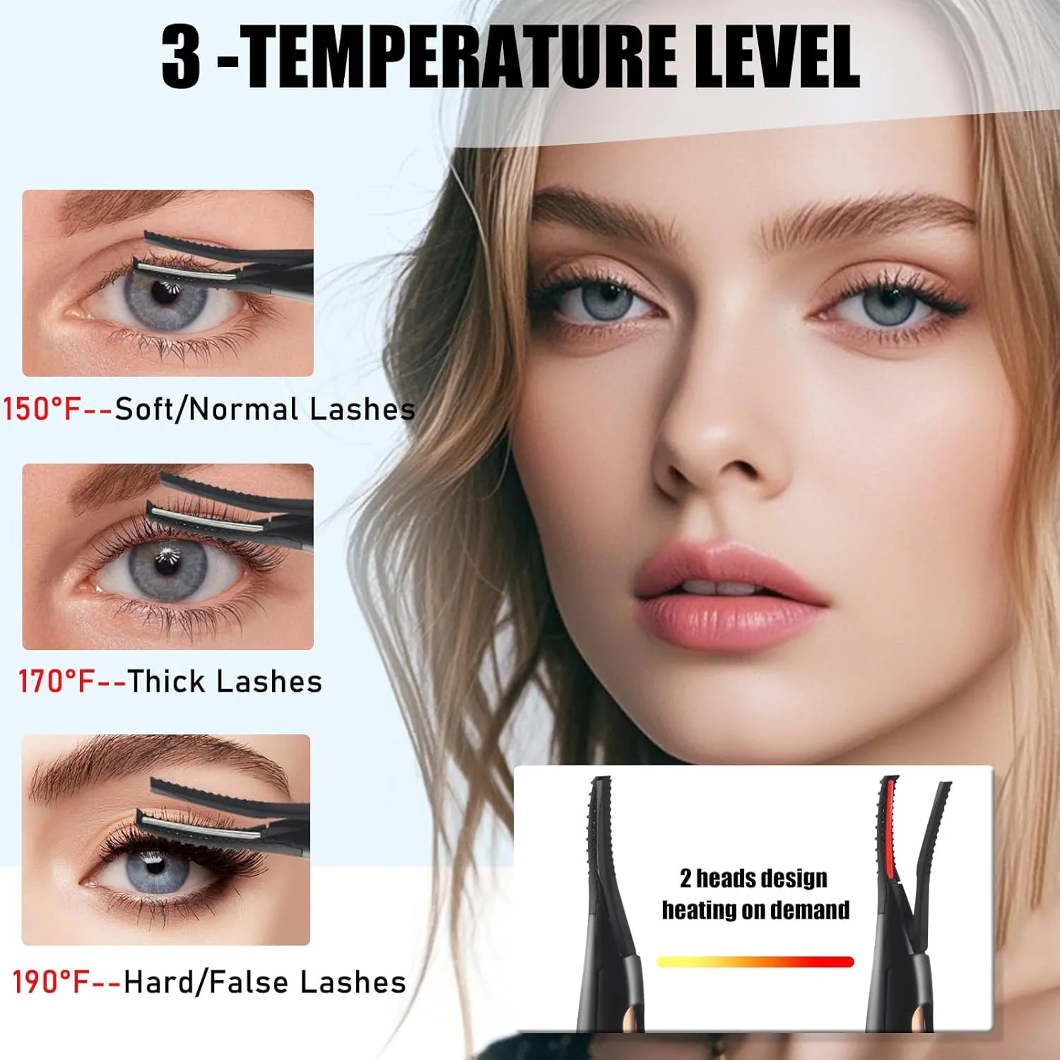 Heated Eyelash Curlers - 2 in 1 Clip- Type Heated lash Curler Best Seller Electric Eyelash Curler LED Display 3 Temp Settings for Makeup Tools USB Rechargeable Natural Curling 24H Long Lasting-B1C