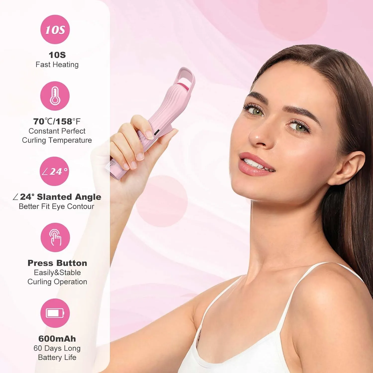 Heated Eyelash Curlers, Electric Lash Curler with Innovative Heating Silicone Pad for Lifted Lashes 24 Hours,Quick Rechargeable 600mAh Battery EC2001 (Pink)
