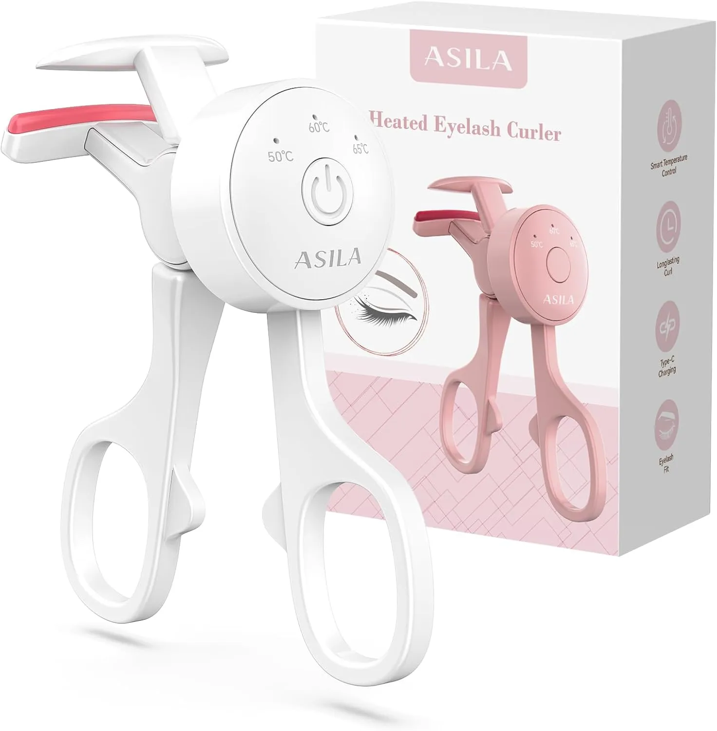 Heated Eyelash Curlers with 3 Heating Modes, C-Shaped Natural Curling, 24 Hours Long Lasting, Rechargeable Electric Eyelash Curler with Type-C, Anti-Burn Mini Lash Curler, Gift for Women Girls, White