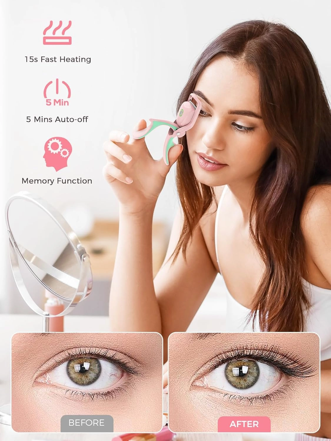 Heated Eyelash Curler, Electric Eye Lash Curler Rechargeable & Easy to Use 3 Heats Levels 15s Fast Heat Up for Long Lasting Natural Curl, Wide Opening, Heat-Safe Lash Curler for Women & Girls