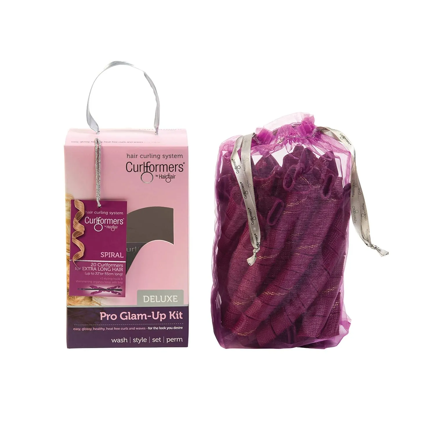 Heatless Hair Curlers Glam Up Kit by Curlformers • Deluxe Range • Spiral Curls Glam Up For Extra Long Hair Up To 22" • 20 No Heat Curlers & 1 Styling Hook • Healthy & Damage Free