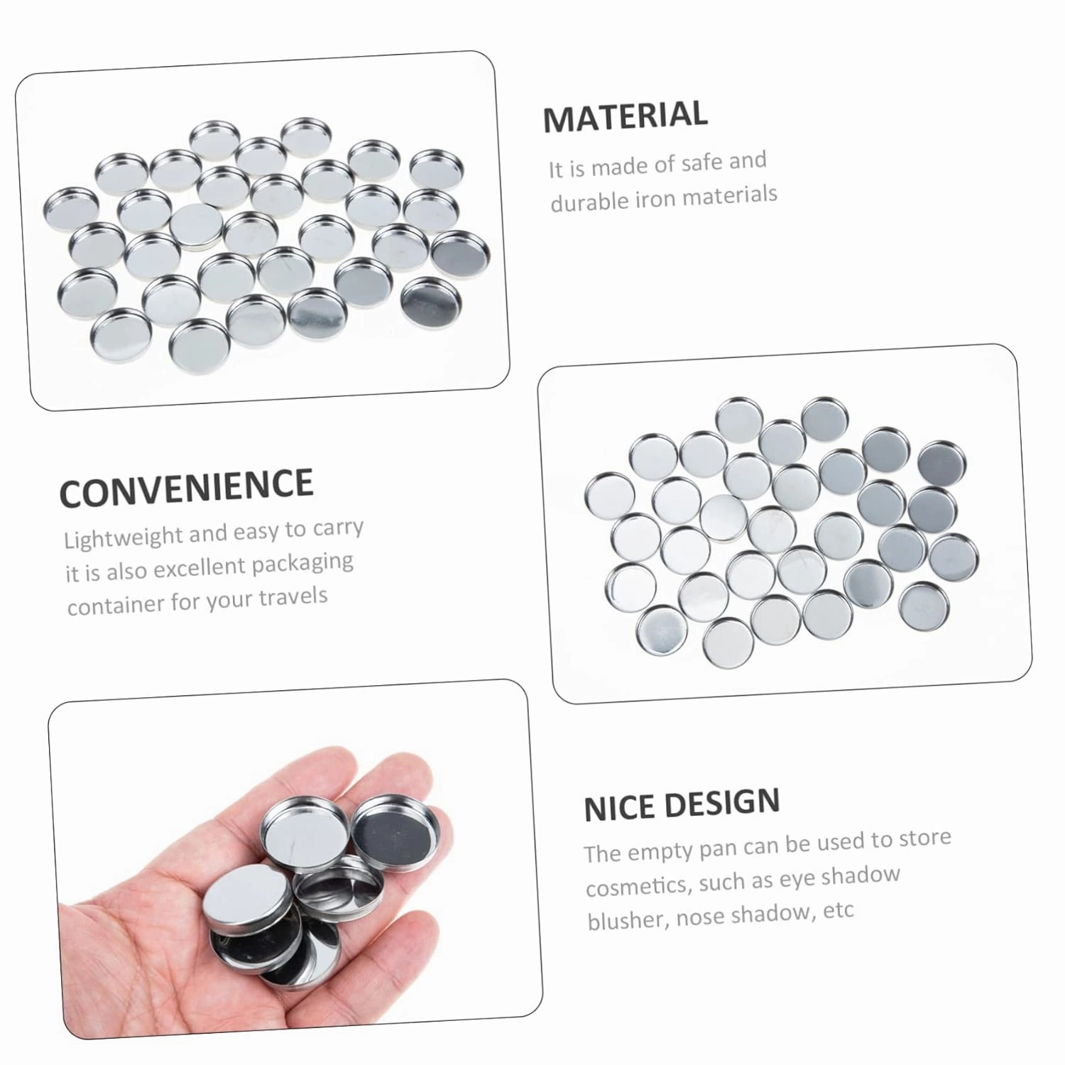 Hemoton 150pcs Empty Round Metal Pans for Eyeshadow Blusher Lightweight Cosmetic Accessory for Storage Travel for Mixing Makeup Custom