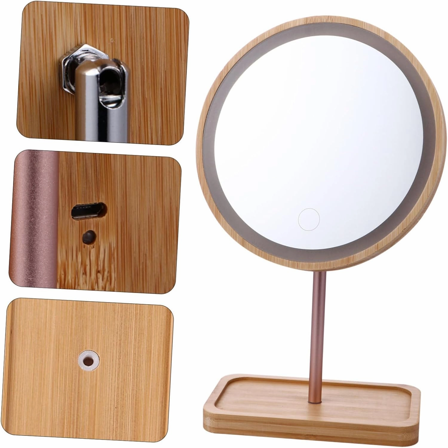 Hemoton Led Wooden Desktop Mirror Makeup Vanity Mirror with 90° Swivel for Bedroom Table