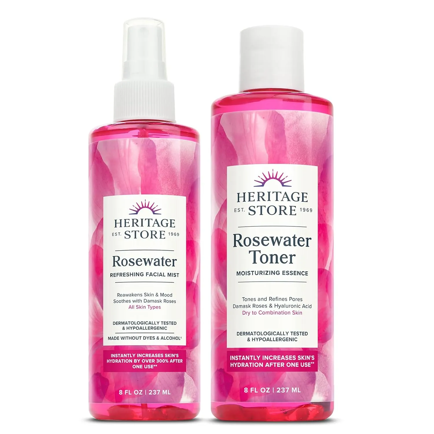 HERITAGE STORE Rosewater Face Mist and Rosewater Facial Toner - Rose Water Hydration Bundle Refreshes and Refines Skin w/Damask Rose, Hyaluronic Acid - Hypoallergenic, Vegan, 60-Day Guarantee, 8oz ea