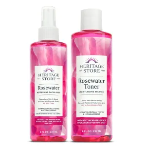 HERITAGE STORE Rosewater Face Mist and Rosewater Facial Toner - Rose Water Hydration Bundle Refreshes and Refines Skin w/Damask Rose, Hyaluronic Acid - Hypoallergenic, Vegan, 60-Day Guarantee, 8oz ea