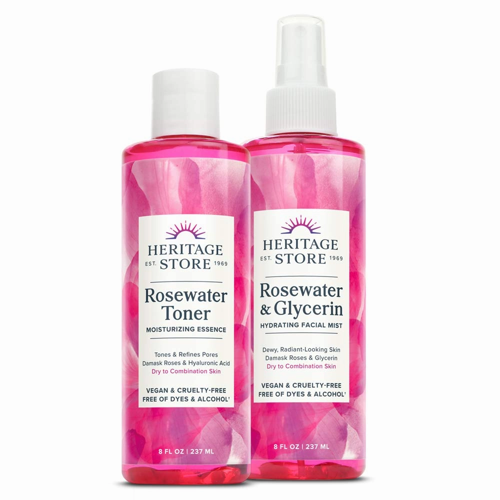 HERITAGE STORE Rosewater & Glycerin and Rosewater Toner | Deep Hydration Bundle for Dewy, Glowing Skin | Vegan | 8oz ea