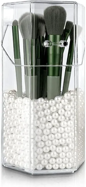 Hexagon Makeup Brush Holder with Lid Acrylic, Dustproof Cosmetic Organizer Makeup Brush Holder Storage Case Box With White Pearl for Bathroom, Dresser, Vanity and Countertop (Clear)