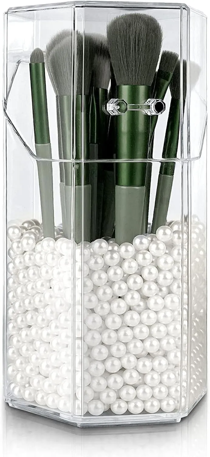 Hexagon Makeup Brush Holder with Lid Acrylic, Dustproof Cosmetic Organizer Makeup Brush Holder Storage Case Box With White Pearl for Bathroom, Dresser, Vanity and Countertop (Clear)