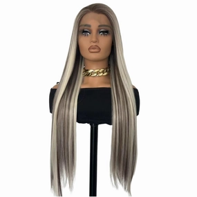 Highlighted Ash Blonde Lace Front Wig 13x4 Lace Long Straight Heated Synthetic Ombre Brown Blonde Lace Front Wig for Women Daily Cosplay 24in