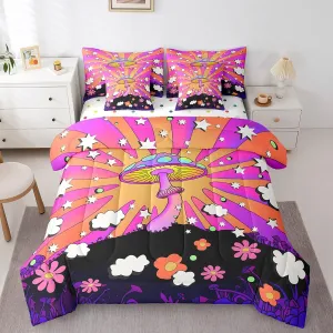 Hippie Mushroom Bedding Comforter Sets 7 Pieces Boho Wild Fungus Bed in a Bag, Girly Pink Purple Queen Bedding Sets Geometric Stripes Comforter Set, Groocy Flower Floral Bedding Sets & Collections