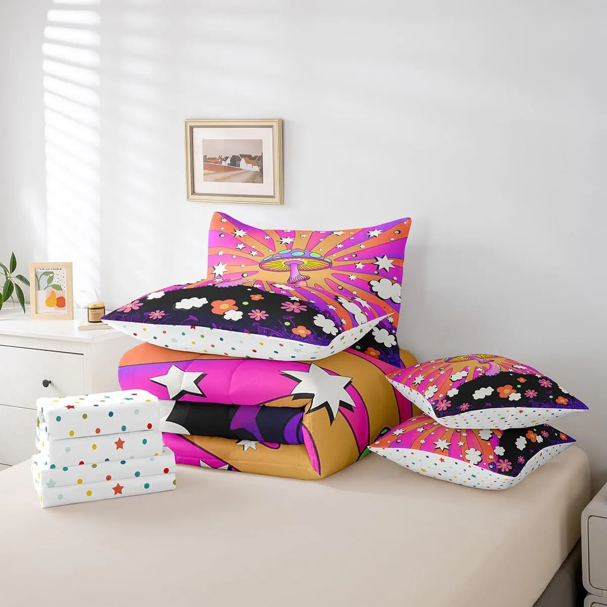 Hippie Mushroom Bedding Comforter Sets 7 Pieces Boho Wild Fungus Bed in a Bag, Girly Pink Purple Queen Bedding Sets Geometric Stripes Comforter Set, Groocy Flower Floral Bedding Sets & Collections