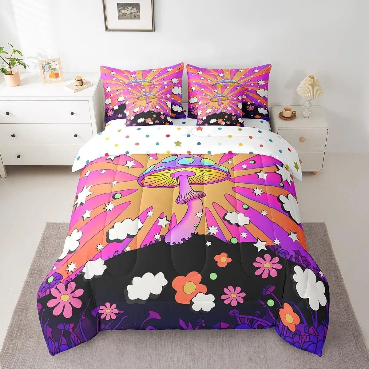 Hippie Mushroom Bedding Comforter Sets 7 Pieces Boho Wild Fungus Bed in a Bag, Girly Pink Purple Queen Bedding Sets Geometric Stripes Comforter Set, Groocy Flower Floral Bedding Sets & Collections