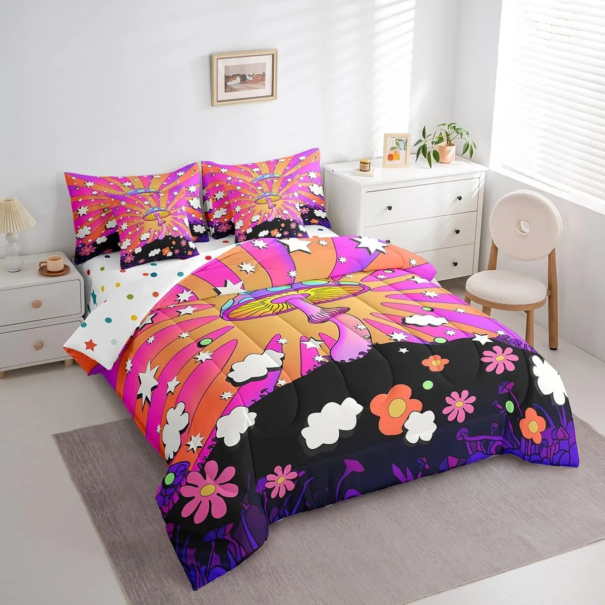 Hippie Mushroom Bedding Comforter Sets 7 Pieces Boho Wild Fungus Bed in a Bag, Girly Pink Purple Queen Bedding Sets Geometric Stripes Comforter Set, Groocy Flower Floral Bedding Sets & Collections