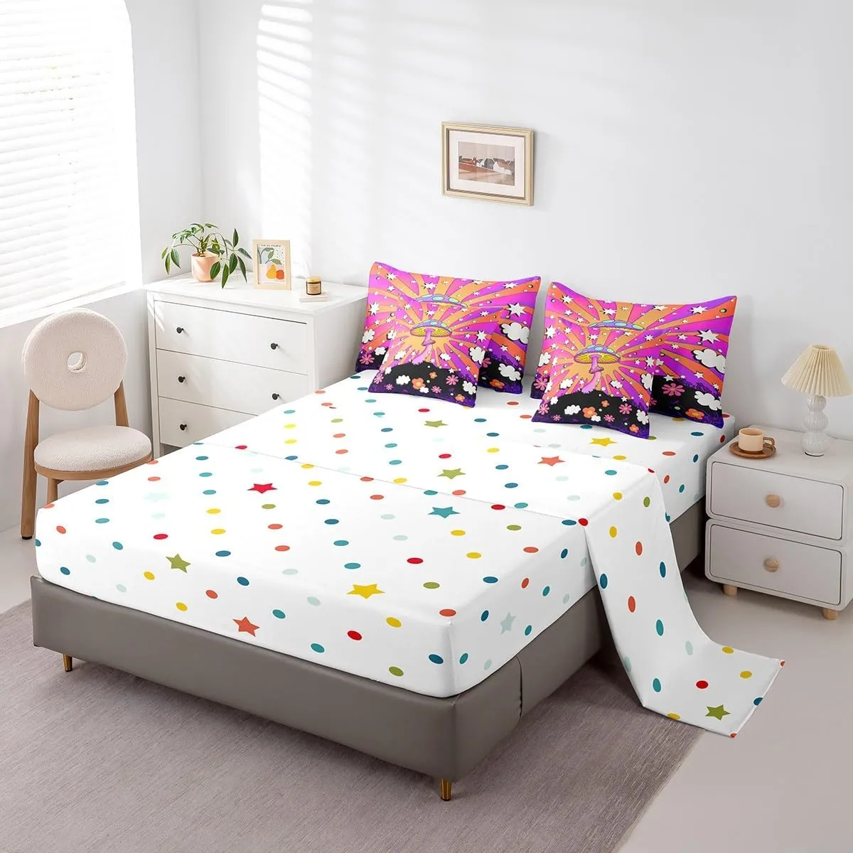 Hippie Mushroom Bedding Comforter Sets 7 Pieces Boho Wild Fungus Bed in a Bag, Girly Pink Purple Queen Bedding Sets Geometric Stripes Comforter Set, Groocy Flower Floral Bedding Sets & Collections