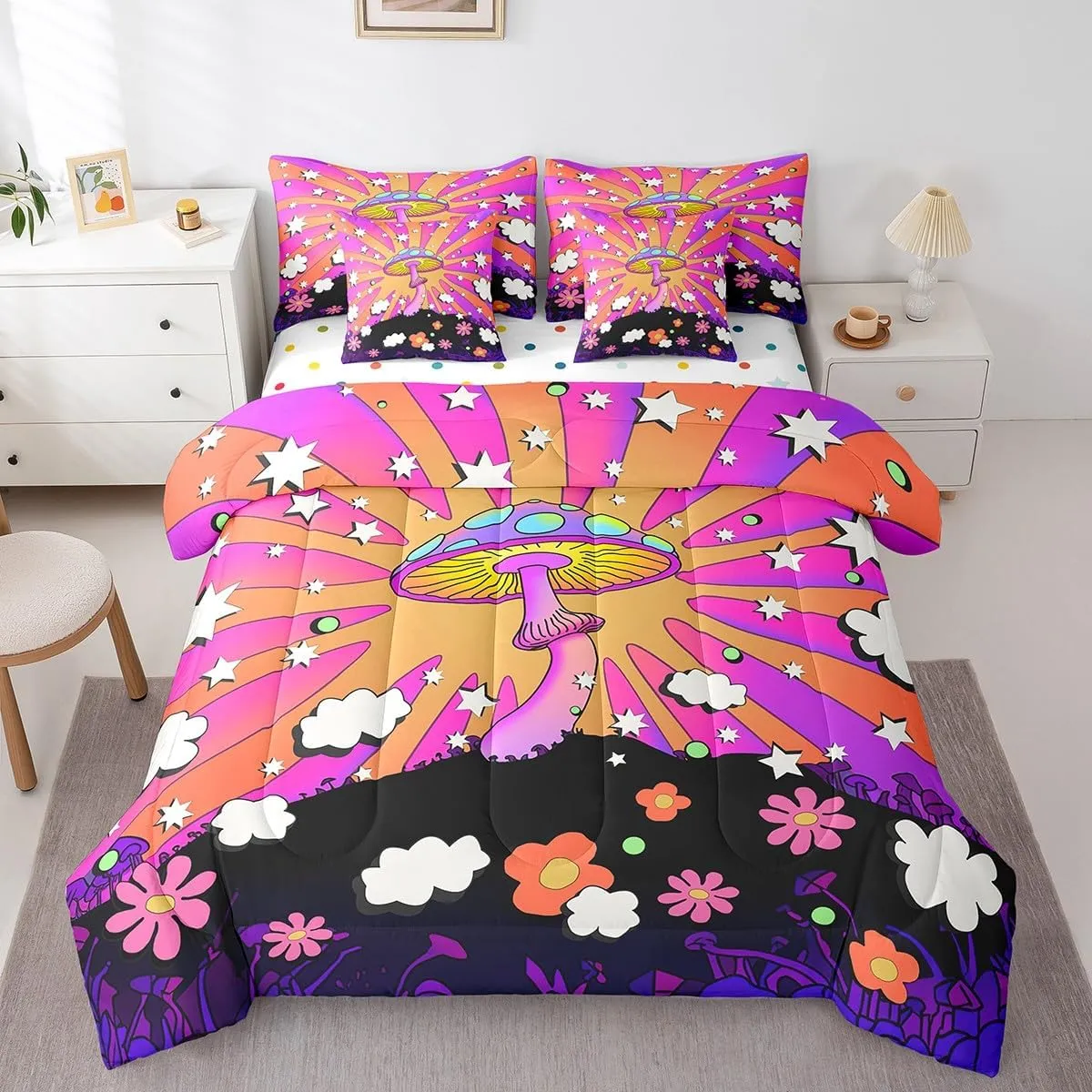 Hippie Mushroom Bedding Comforter Sets 7 Pieces Boho Wild Fungus Bed in a Bag, Girly Pink Purple Queen Bedding Sets Geometric Stripes Comforter Set, Groocy Flower Floral Bedding Sets & Collections