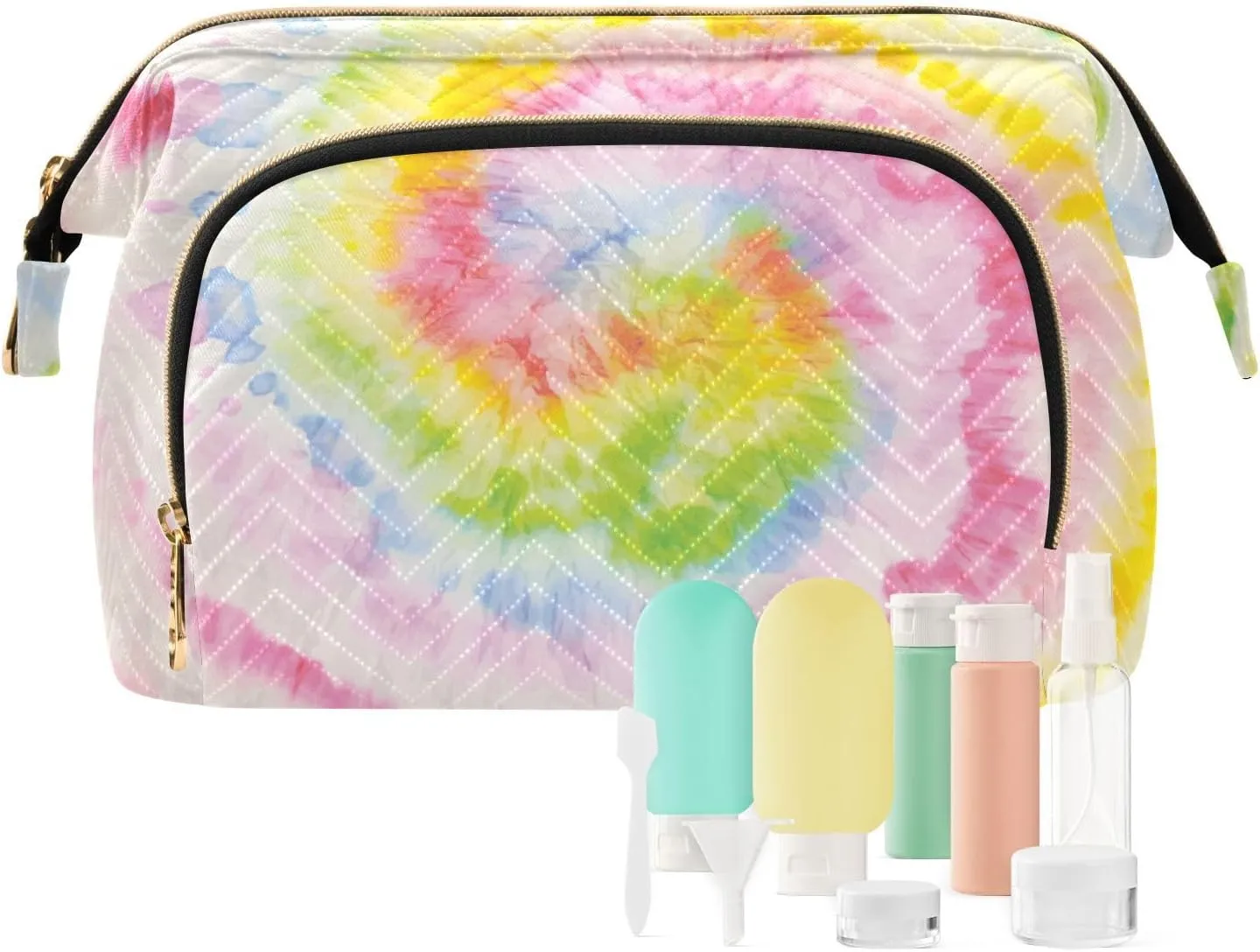 Hippie Tie Dye Swirl Psychedelic Gradient Spiral Dyed Rainbow Circle Women Cosmetic Bag Makeup Bag Stylish Trip Beauty Bag Travel Toiletry Bag with Bottle Organizer 10.2 x 5.9 x 6.7 inch
