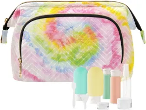 Hippie Tie Dye Swirl Psychedelic Gradient Spiral Dyed Rainbow Circle Women Cosmetic Bag Makeup Bag Stylish Trip Beauty Bag Travel Toiletry Bag with Bottle Organizer 10.2 x 5.9 x 6.7 inch