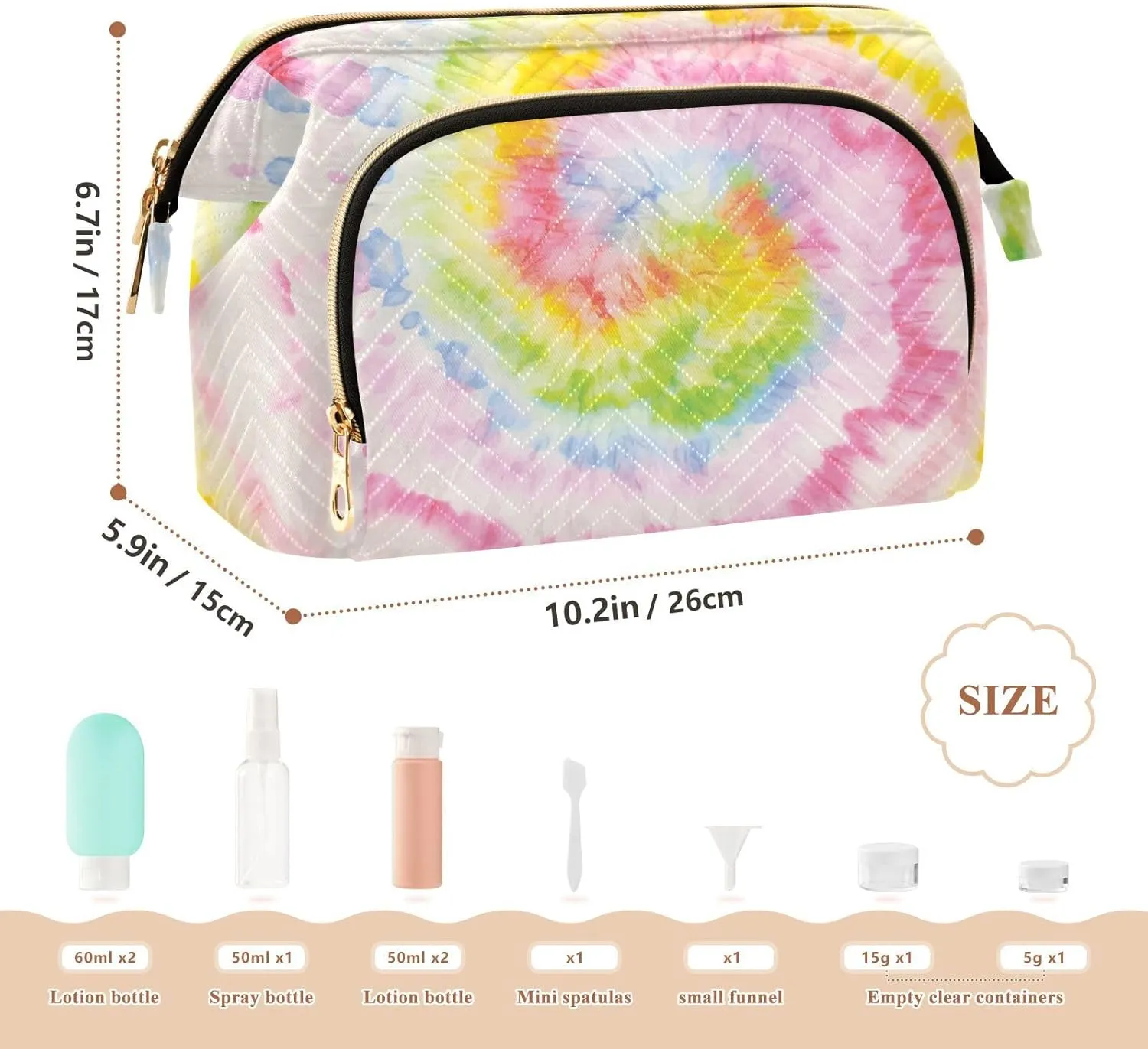 Hippie Tie Dye Swirl Psychedelic Gradient Spiral Dyed Rainbow Circle Women Cosmetic Bag Makeup Bag Stylish Trip Beauty Bag Travel Toiletry Bag with Bottle Organizer 10.2 x 5.9 x 6.7 inch