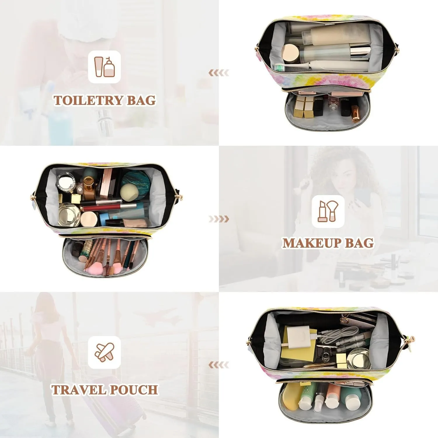 Hippie Tie Dye Swirl Psychedelic Gradient Spiral Dyed Rainbow Circle Women Cosmetic Bag Makeup Bag Stylish Trip Beauty Bag Travel Toiletry Bag with Bottle Organizer 10.2 x 5.9 x 6.7 inch
