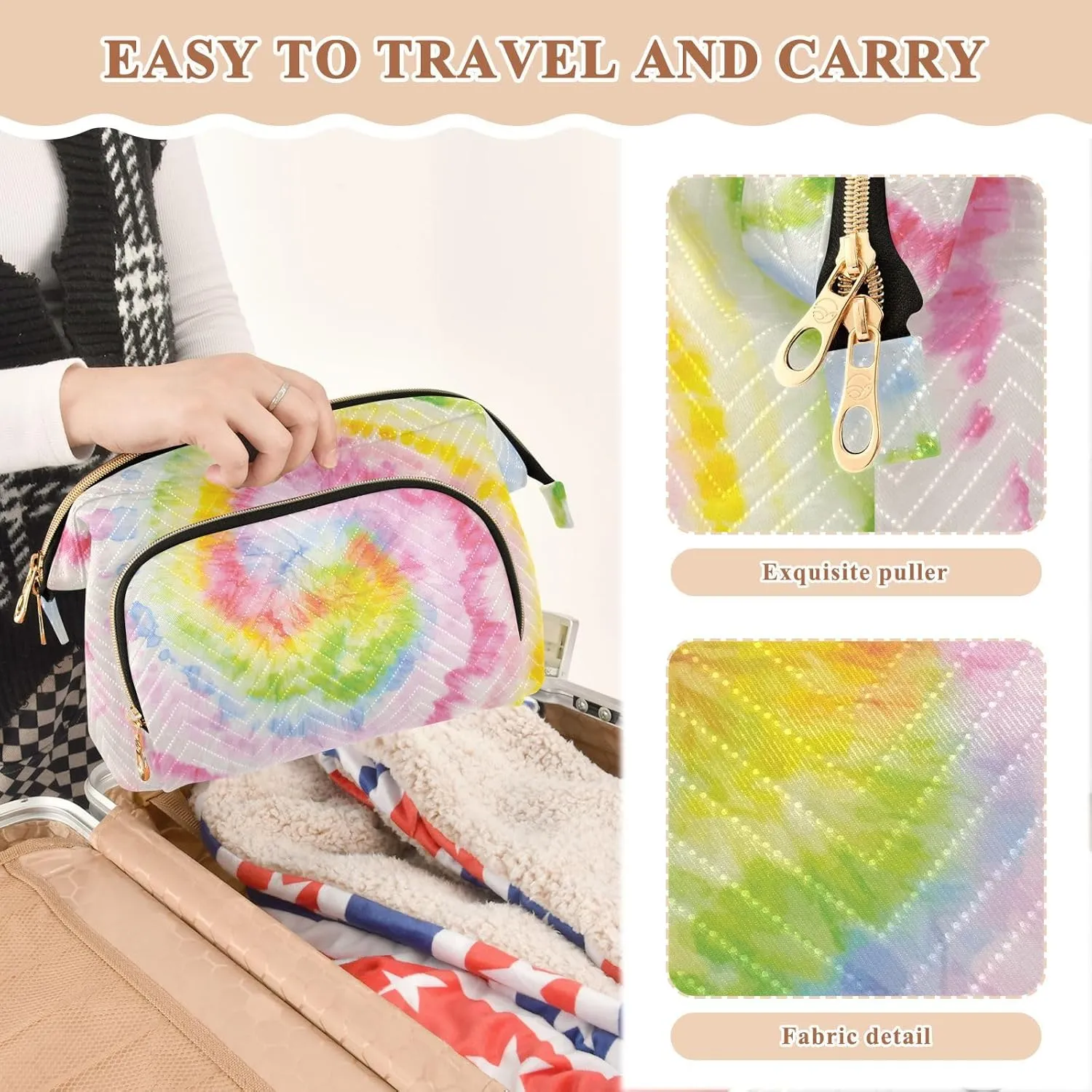 Hippie Tie Dye Swirl Psychedelic Gradient Spiral Dyed Rainbow Circle Women Cosmetic Bag Makeup Bag Stylish Trip Beauty Bag Travel Toiletry Bag with Bottle Organizer 10.2 x 5.9 x 6.7 inch