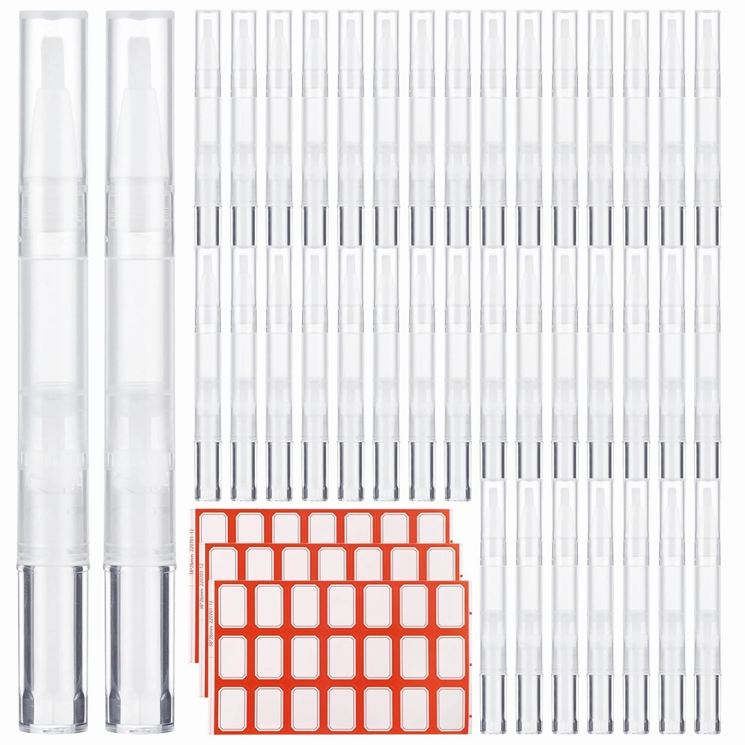 Homaisson 50 Pack 3ml Transparent Twist Pen with Stickers, Empty Cuticle Oil Pen Refillable Nail Oil Pens with Brush Tip, Empty Cosmetic Lip Gloss Tubes, Clear Eyelash Growth Liquid Containers