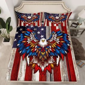 Homewish American Flag Sheet Set Twin Size,Eagle Wild Animal Bedding Set 2pcs for Kids Teens Adults Room Decor, Old Wooden Door Stripes Bed Cover Vintage Noble Bed Sheet Set with 1 Pillowcase