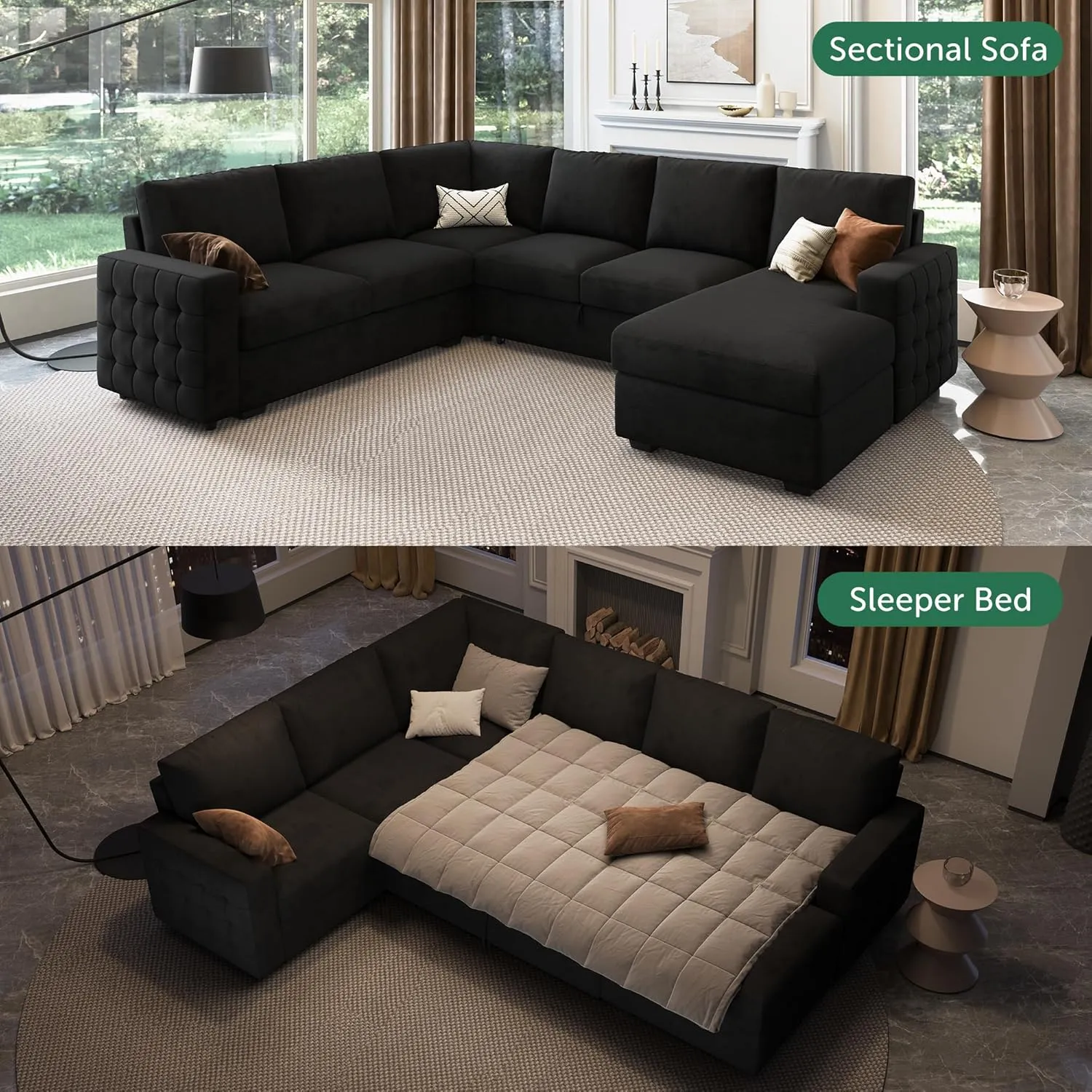HONBAY Sectional Couch with Pull Out Bed, Sectional Sleeper Sofa with Storage, U Shape Couches for Living Room,Velvet Black