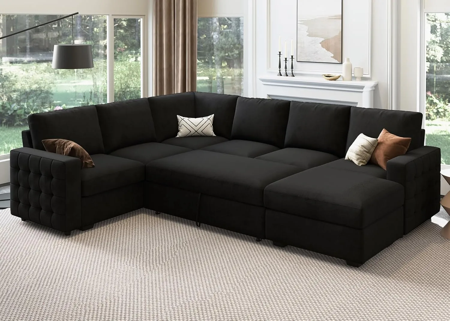 HONBAY Sectional Couch with Pull Out Bed, Sectional Sleeper Sofa with Storage, U Shape Couches for Living Room,Velvet Black