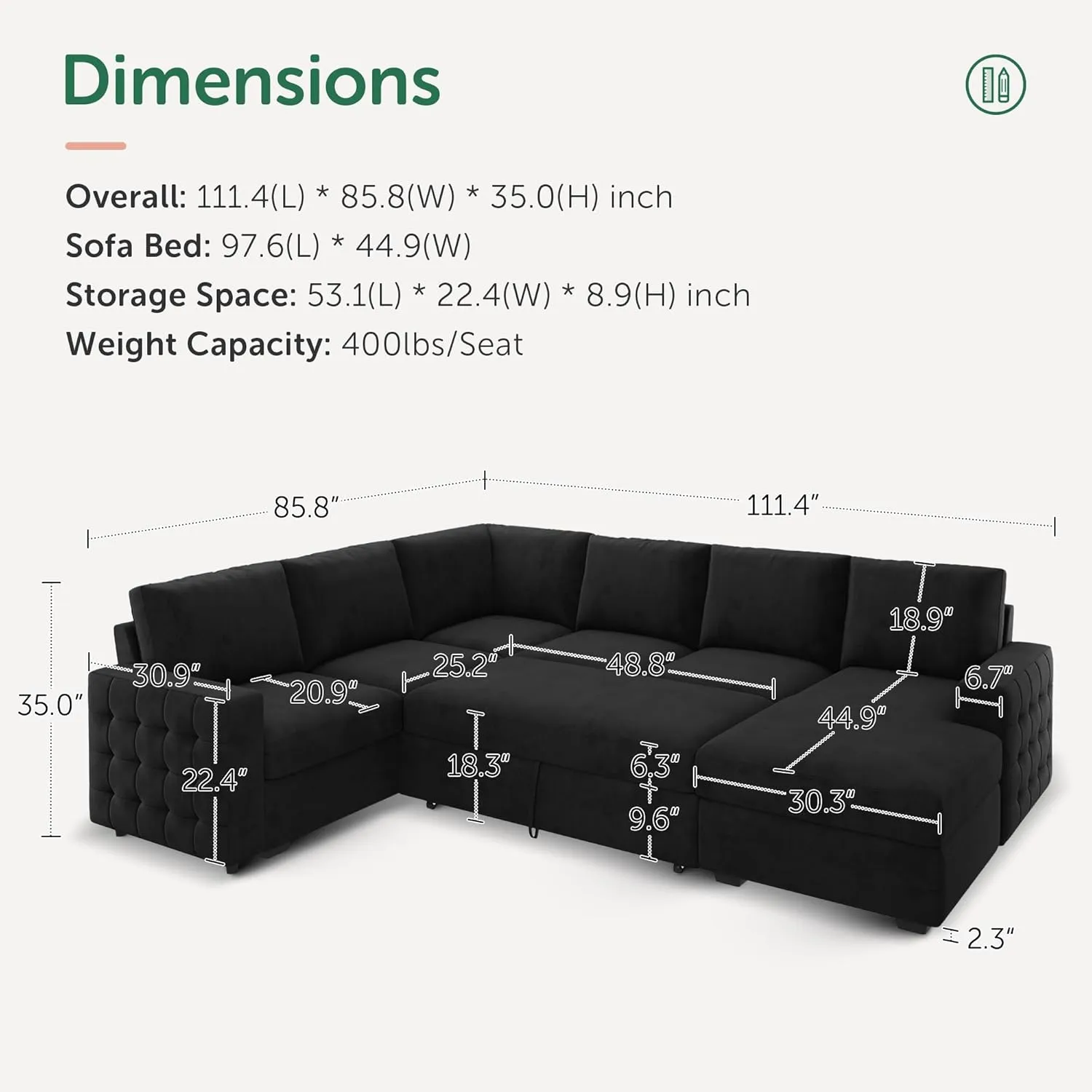 HONBAY Sectional Couch with Pull Out Bed, Sectional Sleeper Sofa with Storage, U Shape Couches for Living Room,Velvet Black