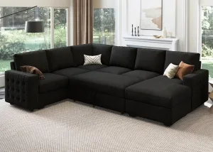 HONBAY Sectional Couch with Pull Out Bed, Sectional Sleeper Sofa with Storage, U Shape Couches for Living Room,Velvet Black