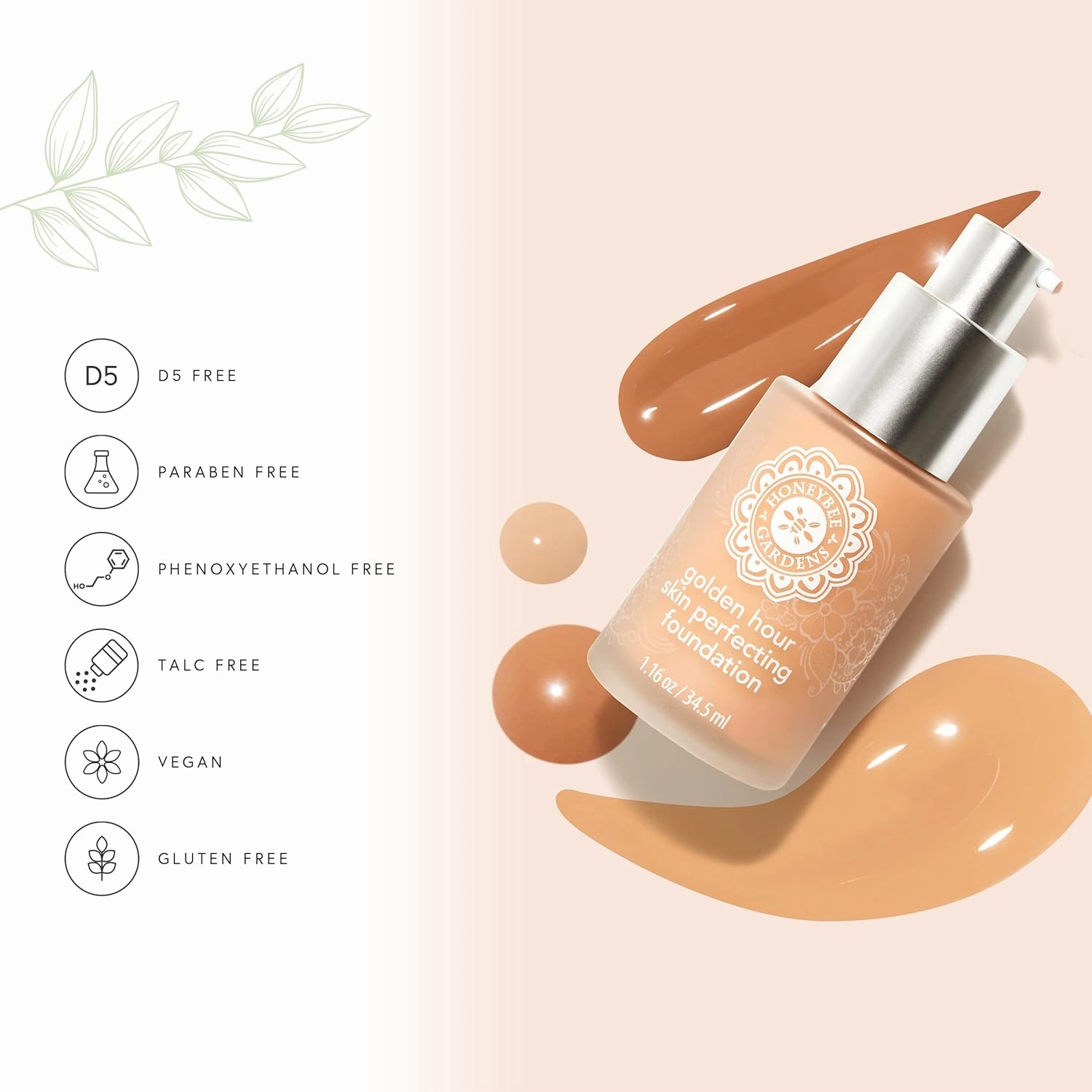 Honeybee Gardens Golden Hour Foundation in Malibu, Medium Shade, Skin-Perfecting, Luminous Finish, Vegan, 34.5ml