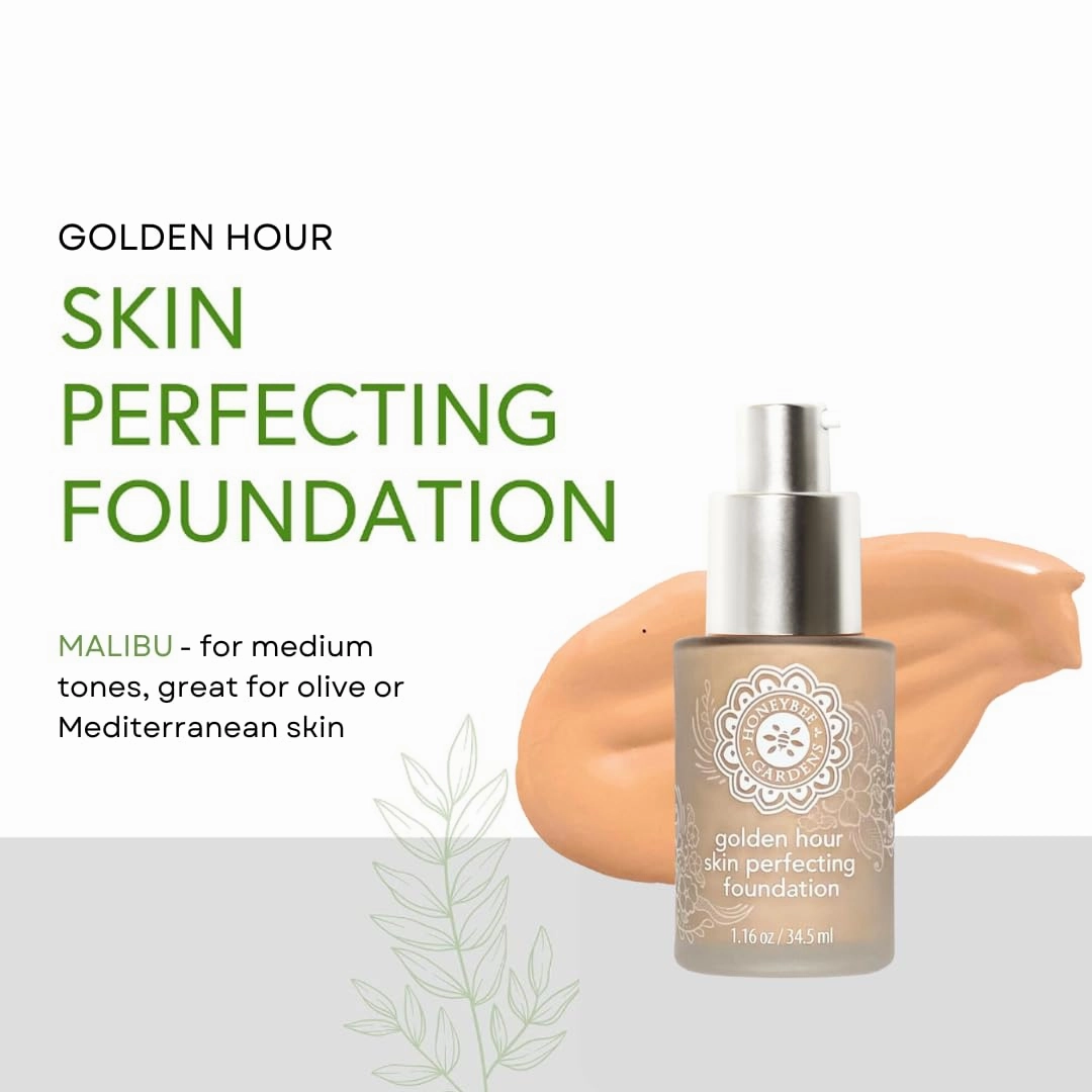 Honeybee Gardens Golden Hour Foundation in Malibu, Medium Shade, Skin-Perfecting, Luminous Finish, Vegan, 34.5ml