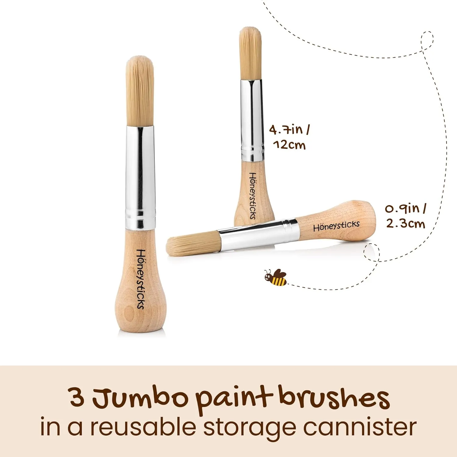 Honeysticks My First Paint Brush Set - 3 Pack: Ideal for Babies and Toddlers. Jumbo Brushes with Chubby Wood Handles for Easy Grip, Vegan. Includes Handy Storage Container