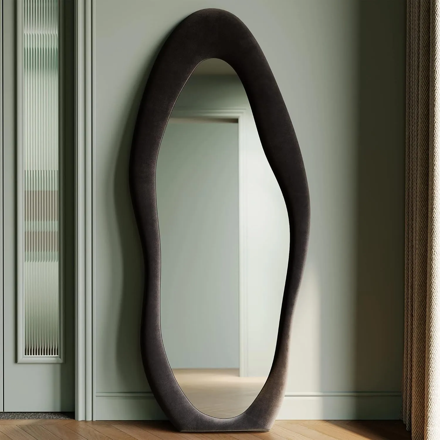 Honyee Full Length Mirror, 63" x 24" Wall Mirror, Flannel Wrapped Wooden Frame Floor Mirror, Irregular Wavy Mirror Hanging or Leaning Against Wall for Cloakroom/Bedroom/Living Room, Black