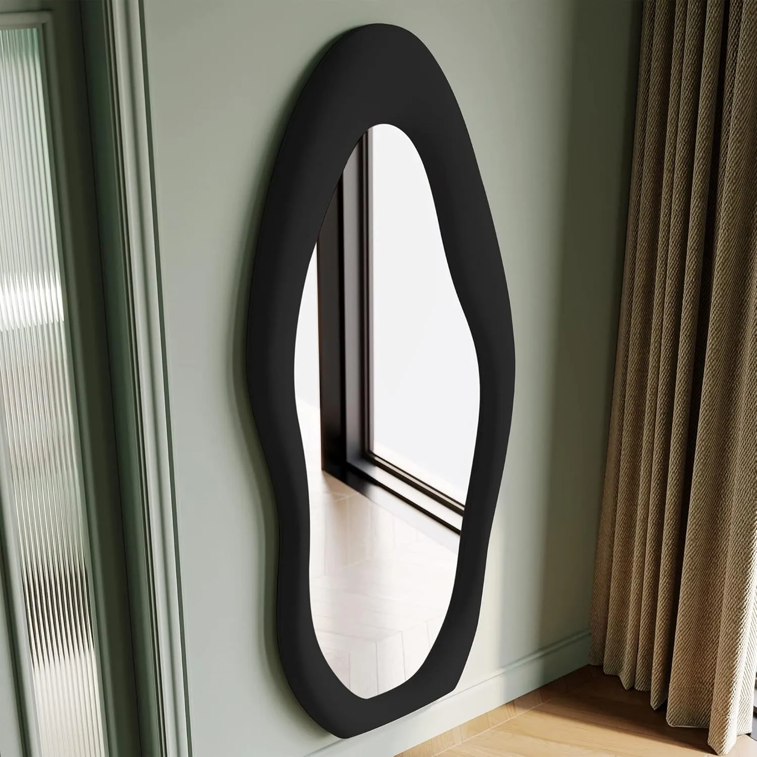 Honyee Full Length Mirror, 63" x 24" Wall Mirror, Flannel Wrapped Wooden Frame Floor Mirror, Irregular Wavy Mirror Hanging or Leaning Against Wall for Cloakroom/Bedroom/Living Room, Black
