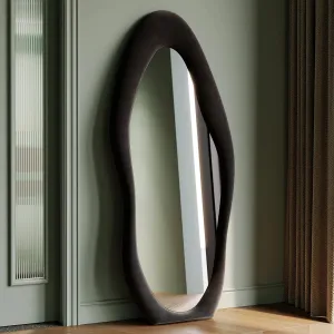 Honyee Full Length Mirror, 63" x 24" Wall Mirror, Flannel Wrapped Wooden Frame Floor Mirror, Irregular Wavy Mirror Hanging or Leaning Against Wall for Cloakroom/Bedroom/Living Room, Black